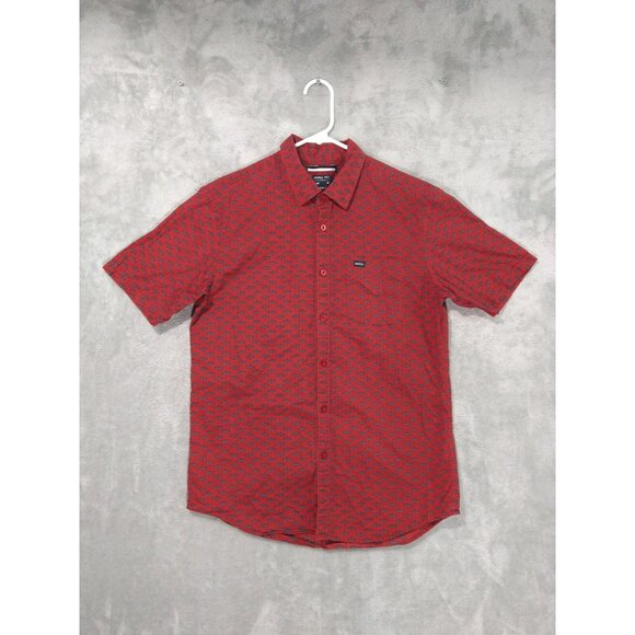 RVCA Shirt Mens Medium Red Button Up Short Sleeve Slim Geometric Surf Skate - Picture 1 of 7